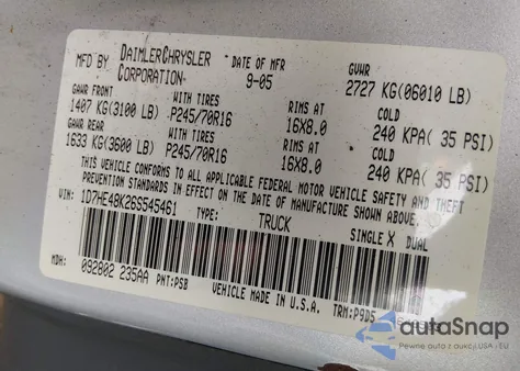 2006 Dodge Dakota Slt z USA, uszkodzony, nr VIN 1D7HE48K26S545461